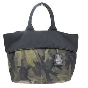 PRADA Logo Reversible Tessuto Hand Bag Nylon Leather Camouflage Black 35KP373